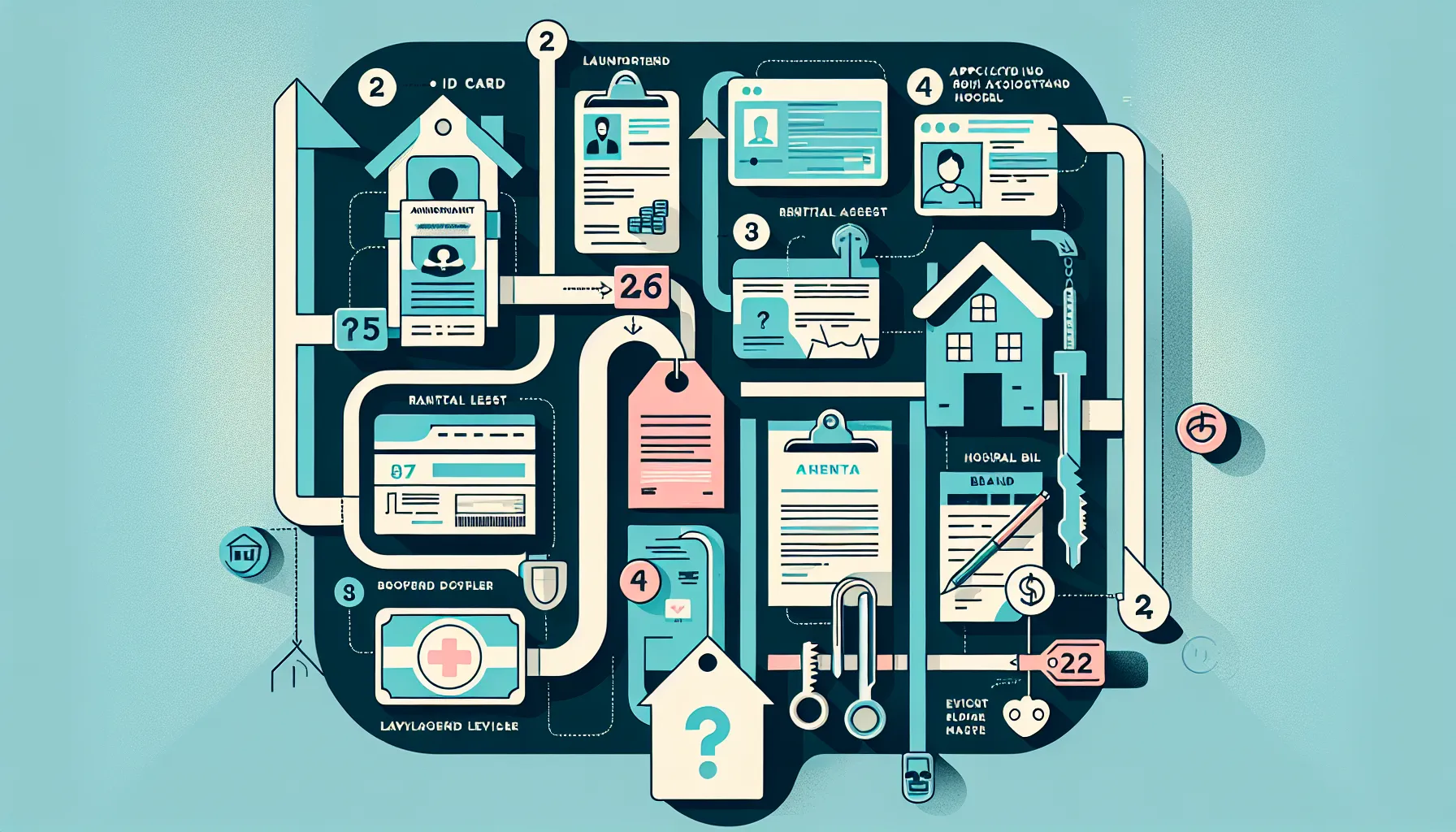 diagram showing the rent assistance application steps with icons and timeline