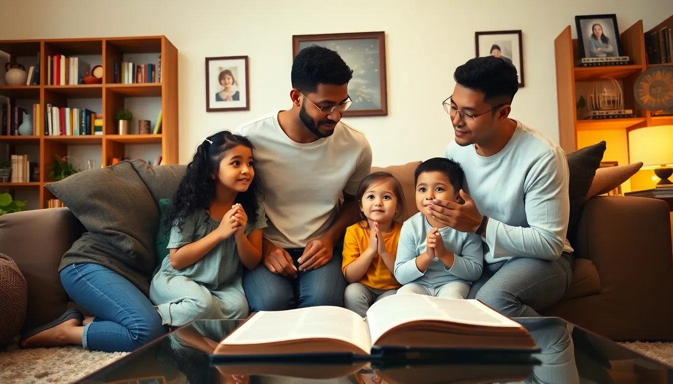 family engaging in prayer in a cozy living room.