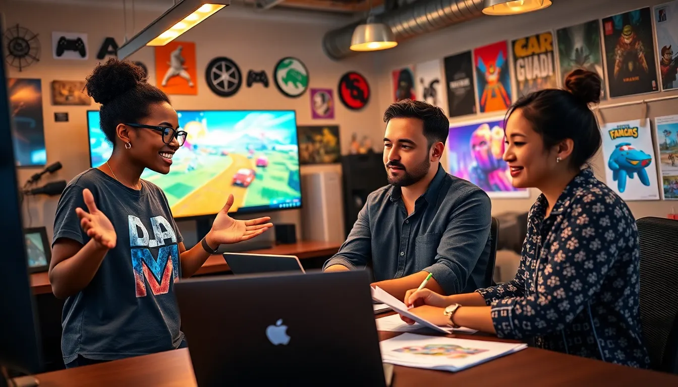 a diverse team of developers collaborating in a gaming office.