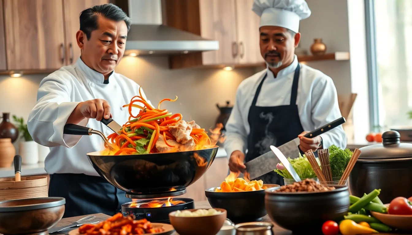 Chef demonstrating Chinese cooking techniques in a modern kitchen.
