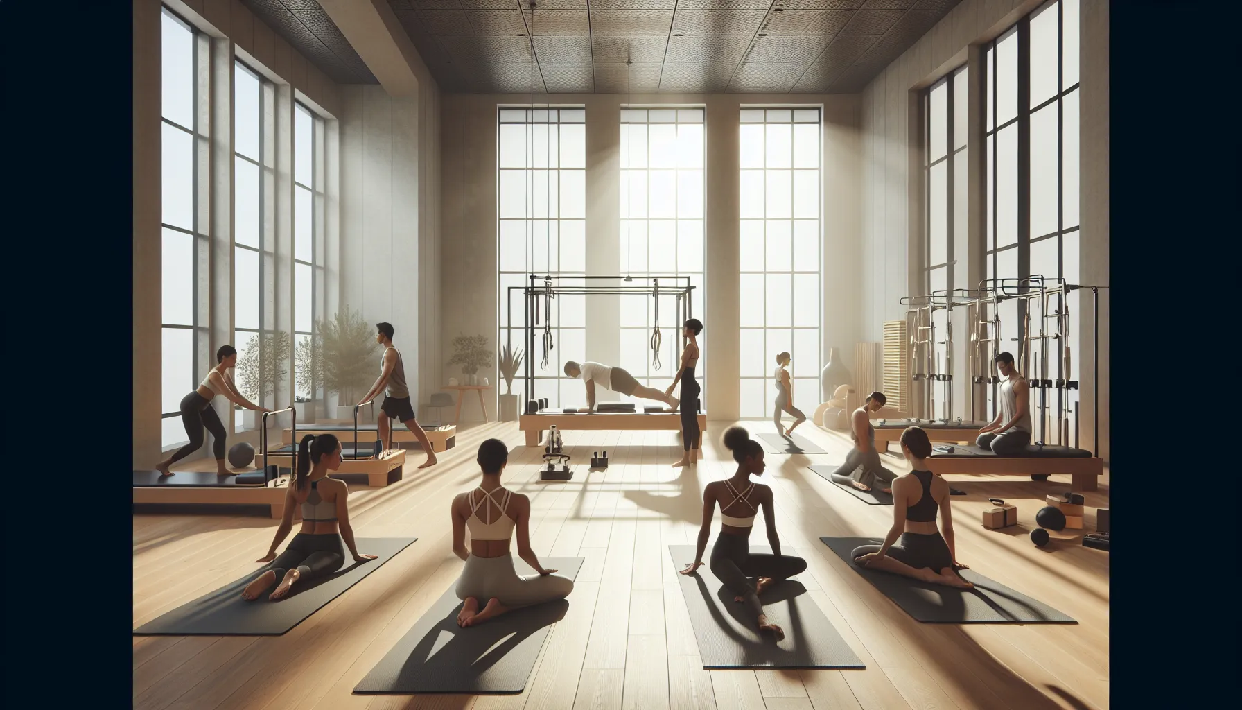 A yoga session and a Pilates class displayed in a shared fitness studio.