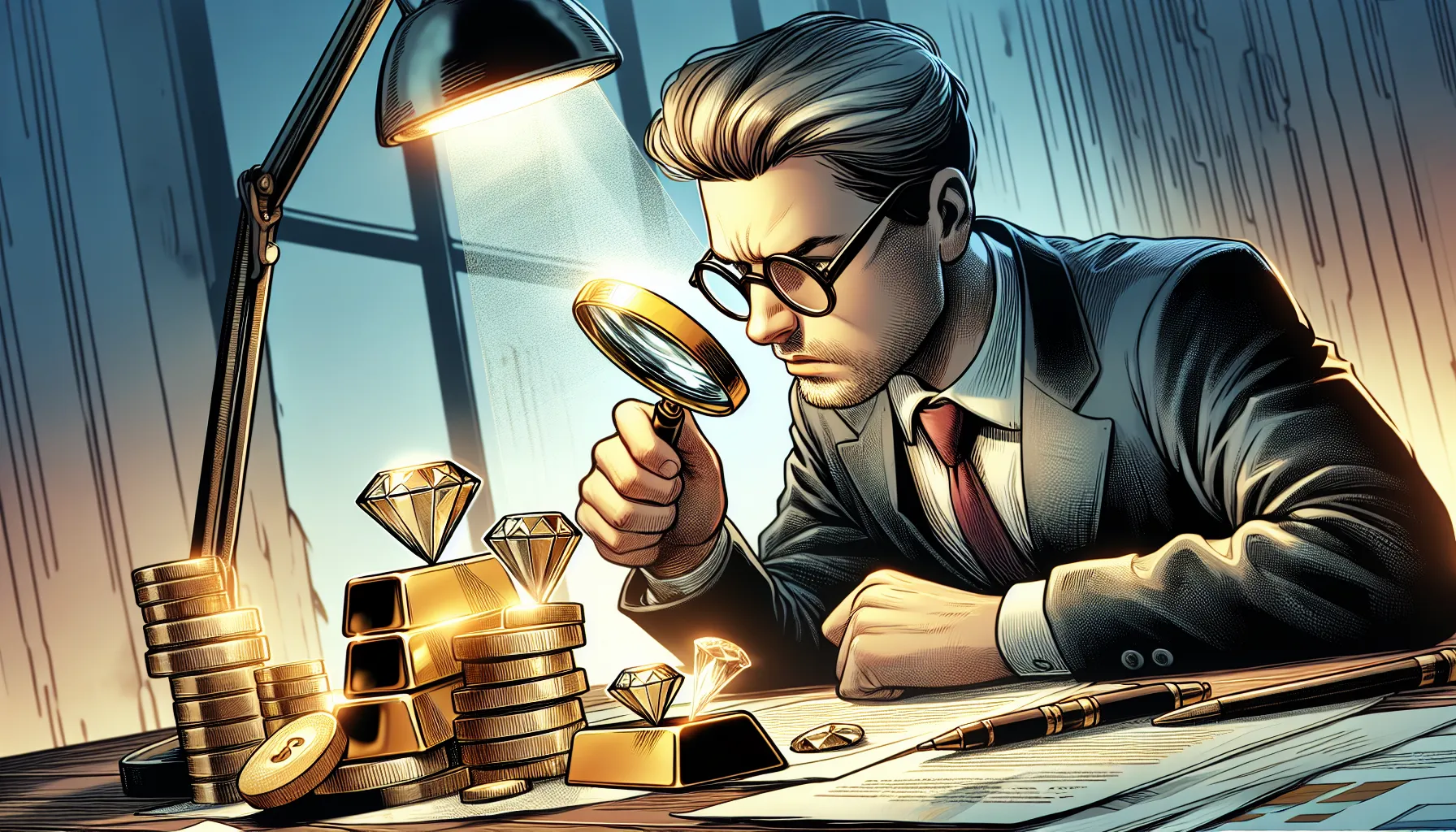 A person examining diamonds and gold in a trade setup.