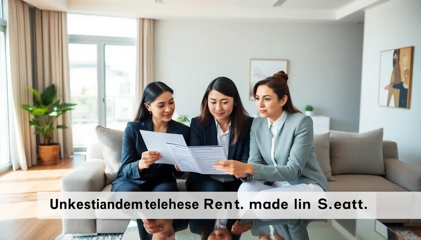 diverse couple reviewing a lease agreement in a modern living room.