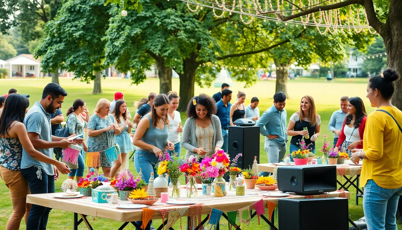 diverse group setting up a creative community event in a park.