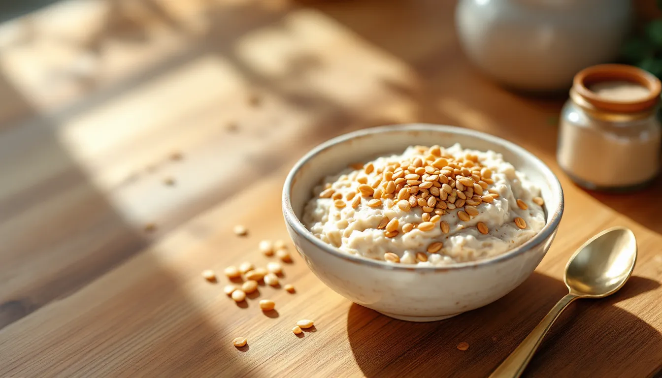 Bowl of oatmeal with flaxseeds and Ayurvedic herbs on a wooden countertop.