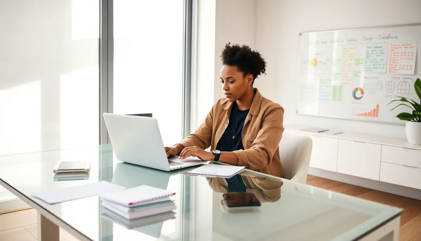 freelancer managing finances with QuickBooks in a modern office.