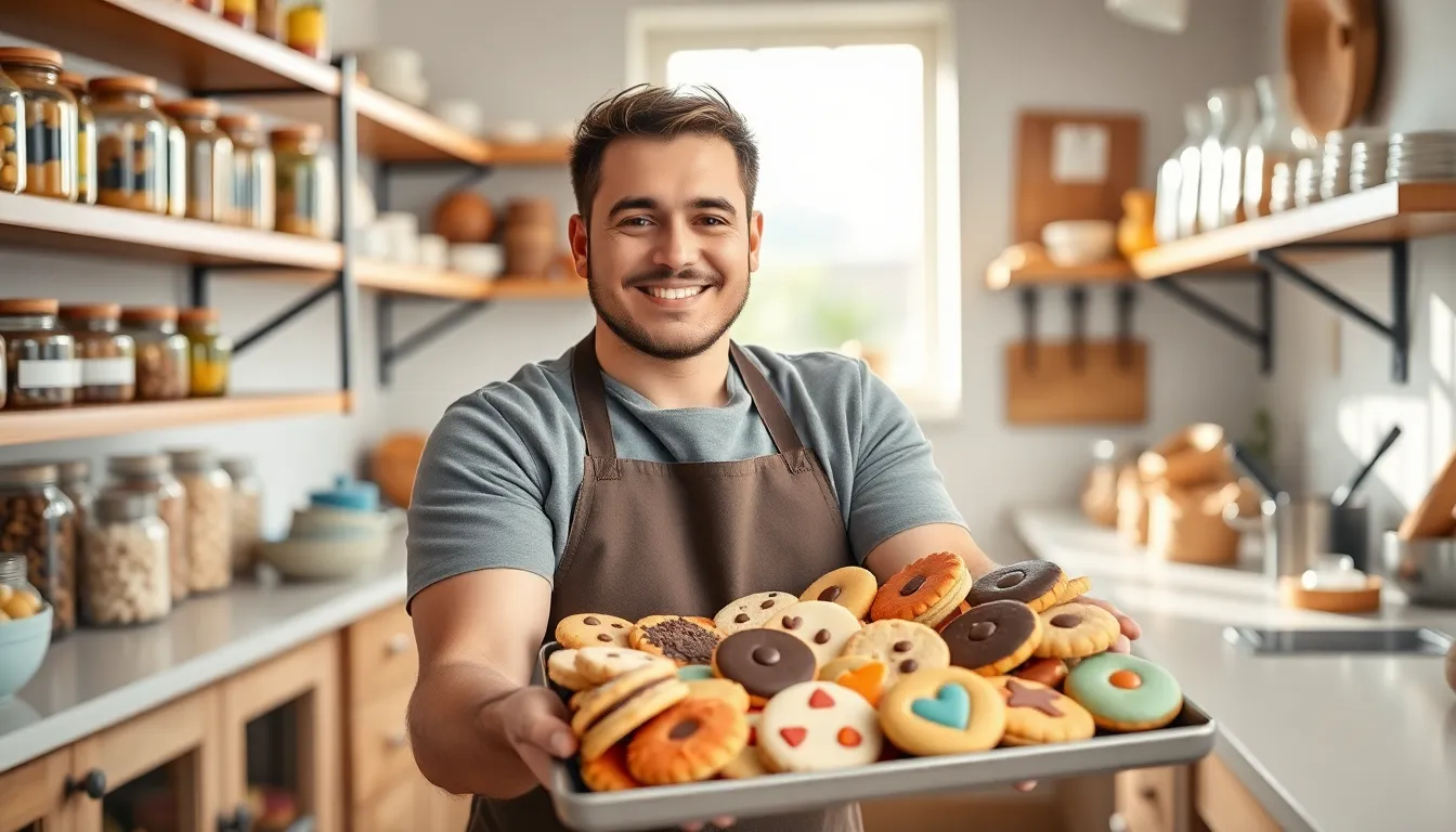 Jackson arranging a variety of cookies in a modern bakery setting.