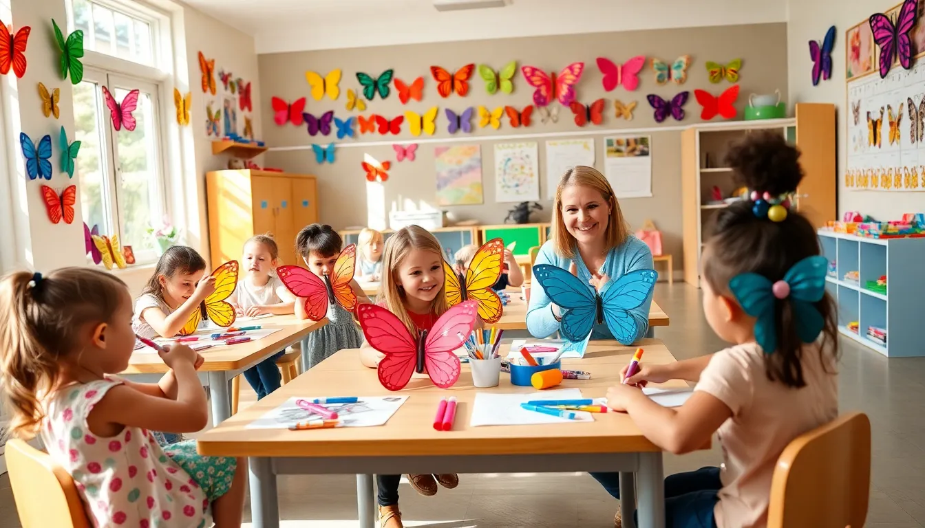 young children crafting colorful butterflies in a bright classroom.