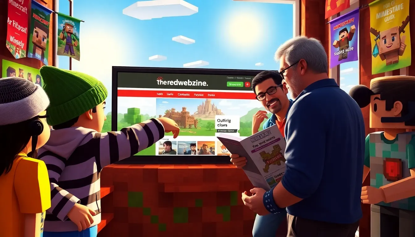 players gathered around a screen showcasing Redwebzine in Minecraft.