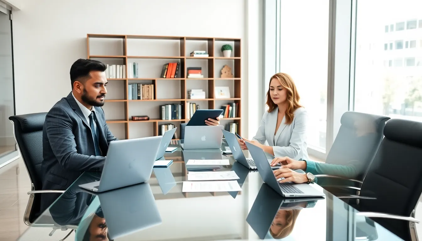 diverse team discussing email communication in a modern office.