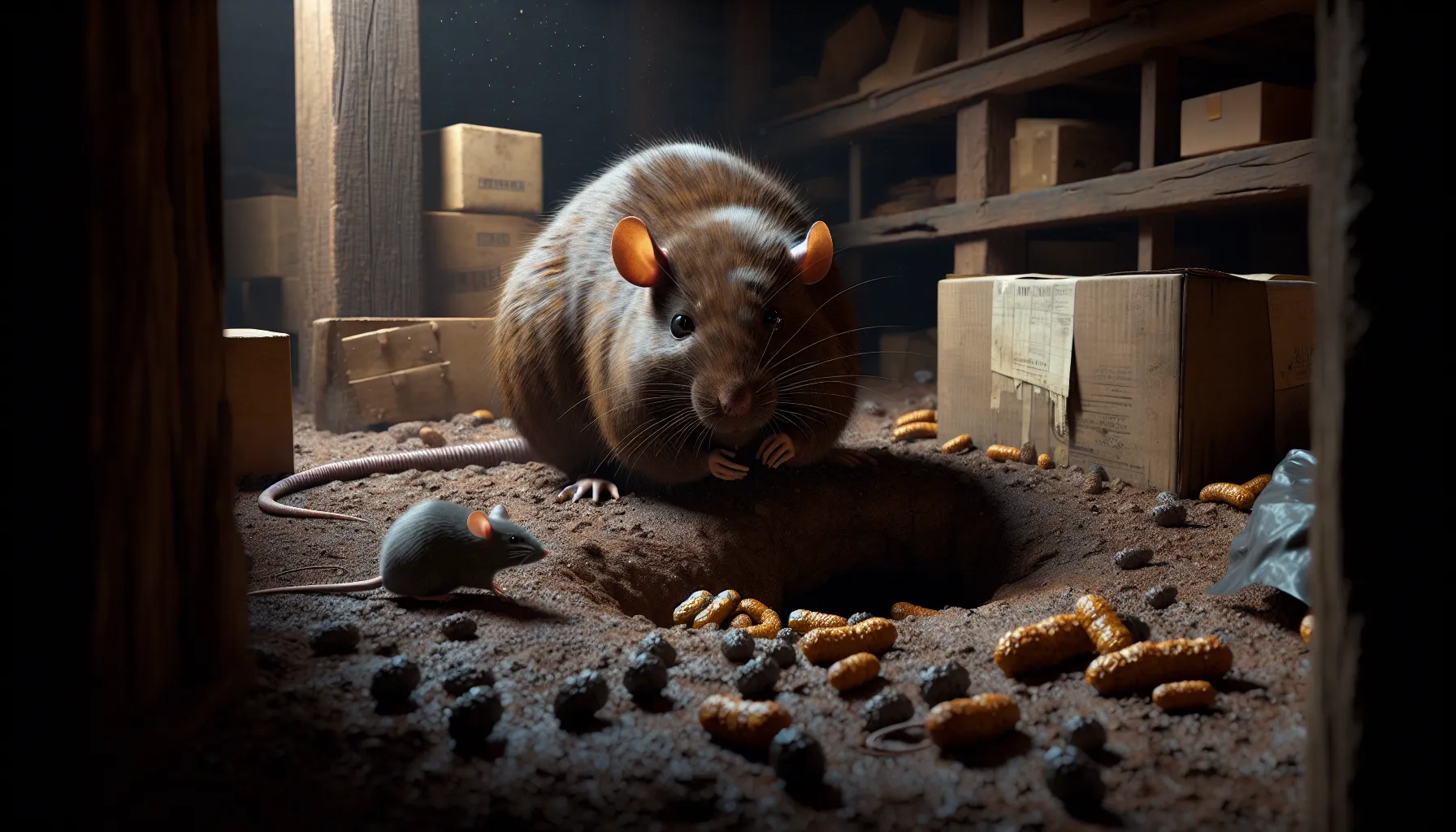a rat and a mouse near their nests in a basement.