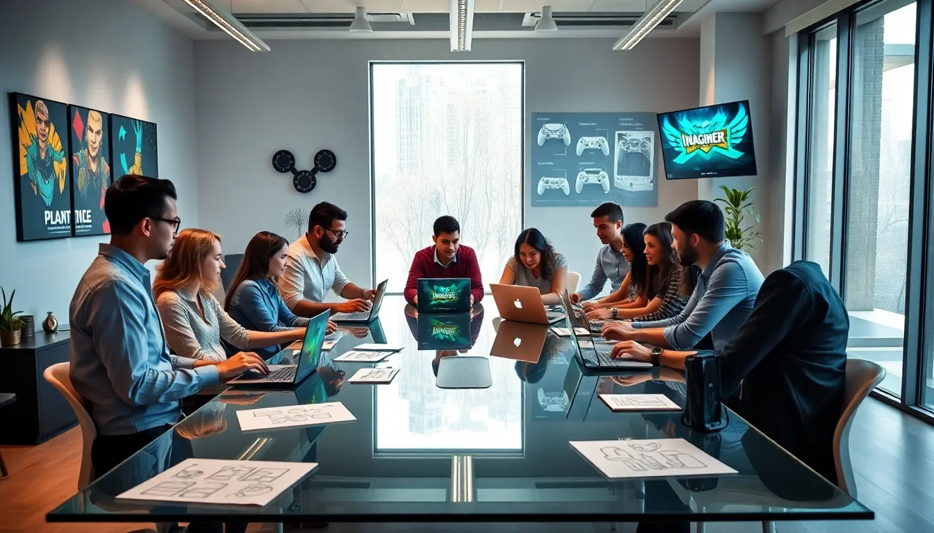 diverse team collaborating in a modern office focused on game development.