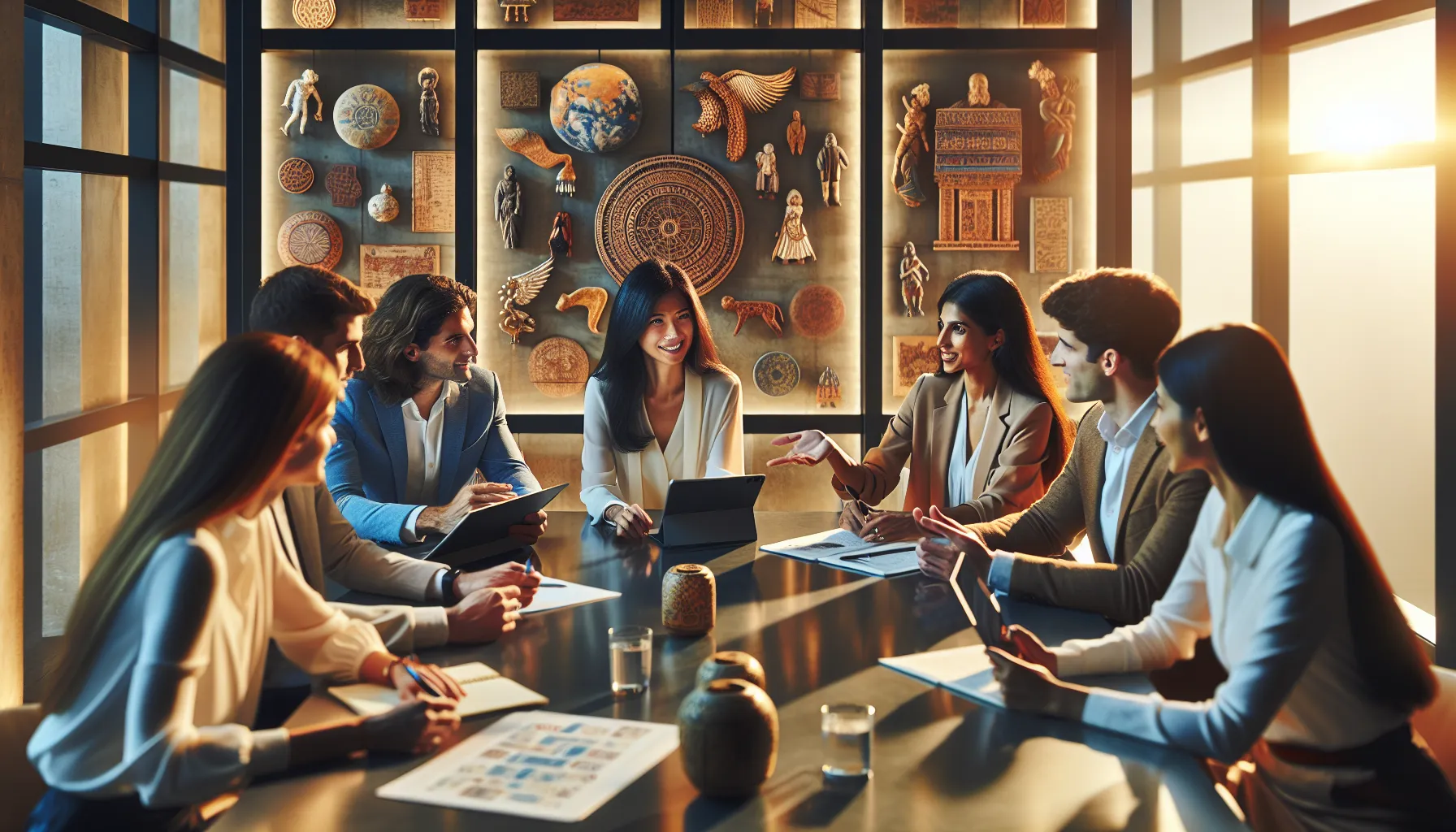 diverse team discussing a cultural concept in a modern office.