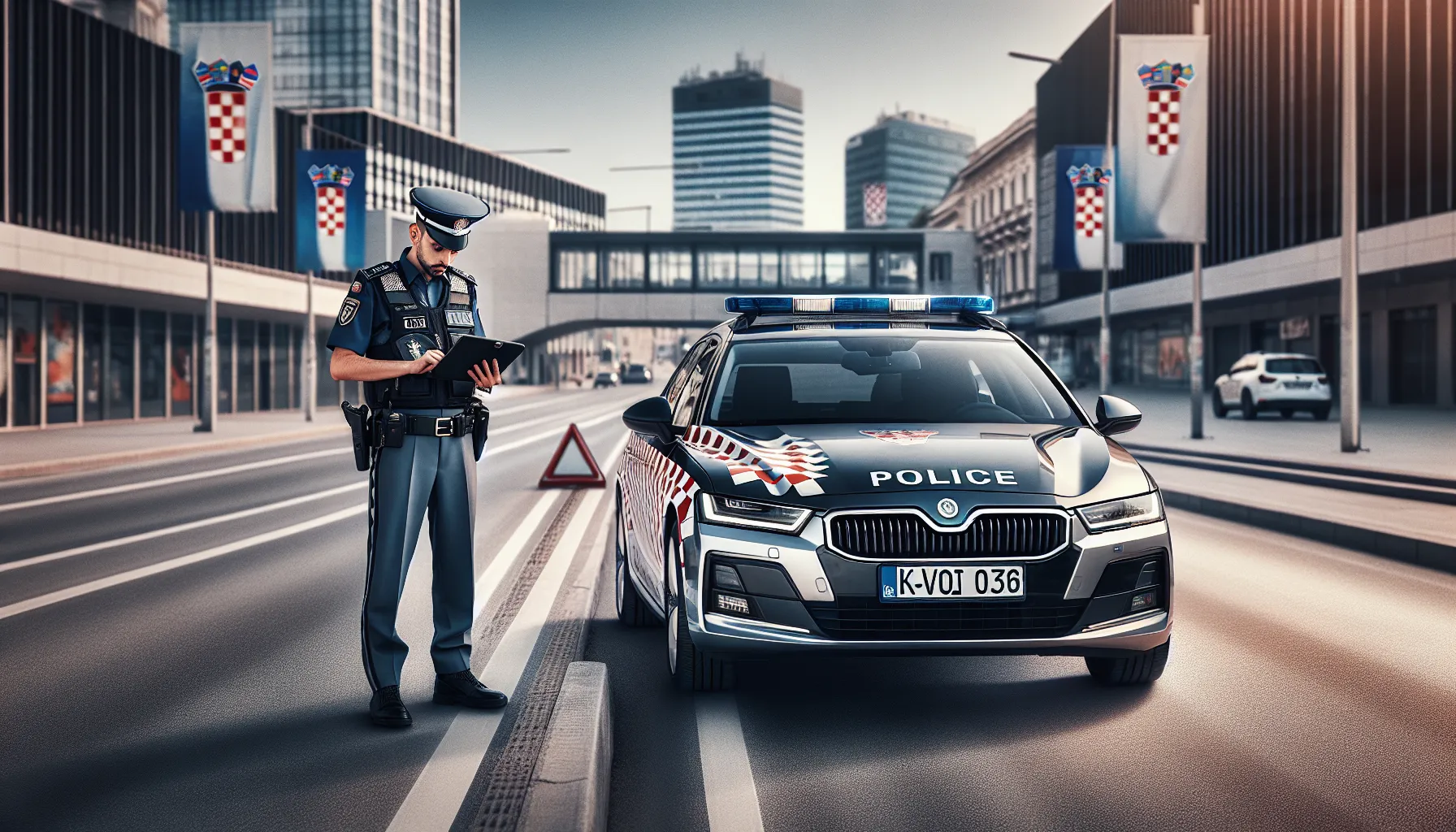 Croatian police officer conducting traffic stop with expired vehicle registration
