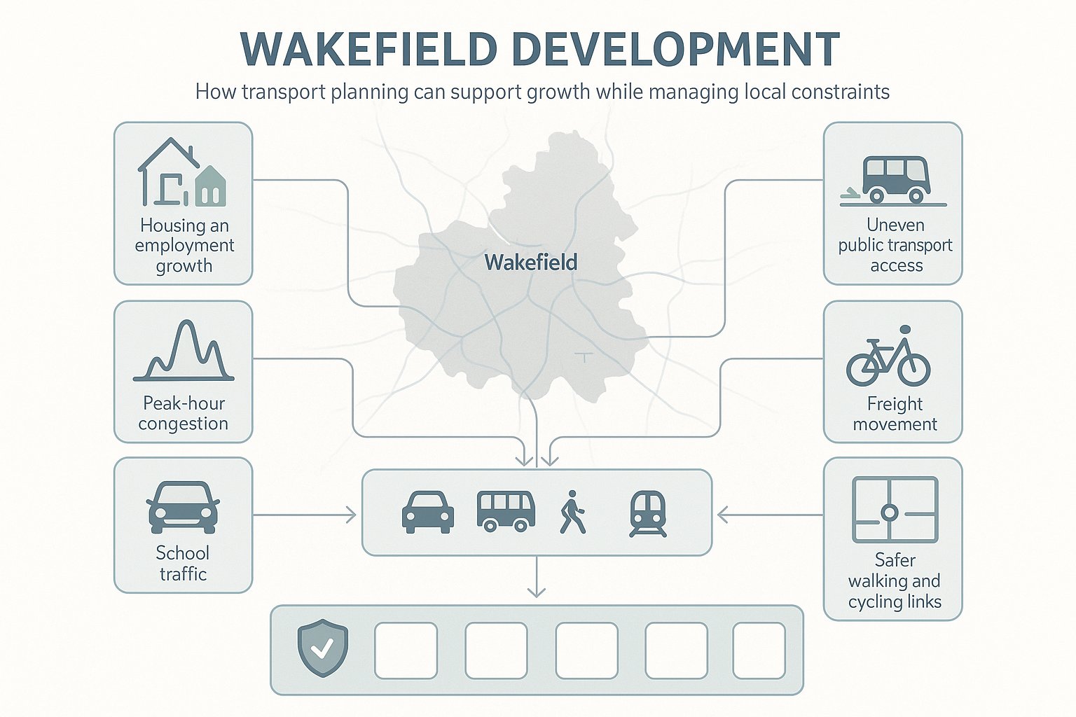 Wakefield transport planning infographic showing constraints, travel modes, policy, and development benefits.