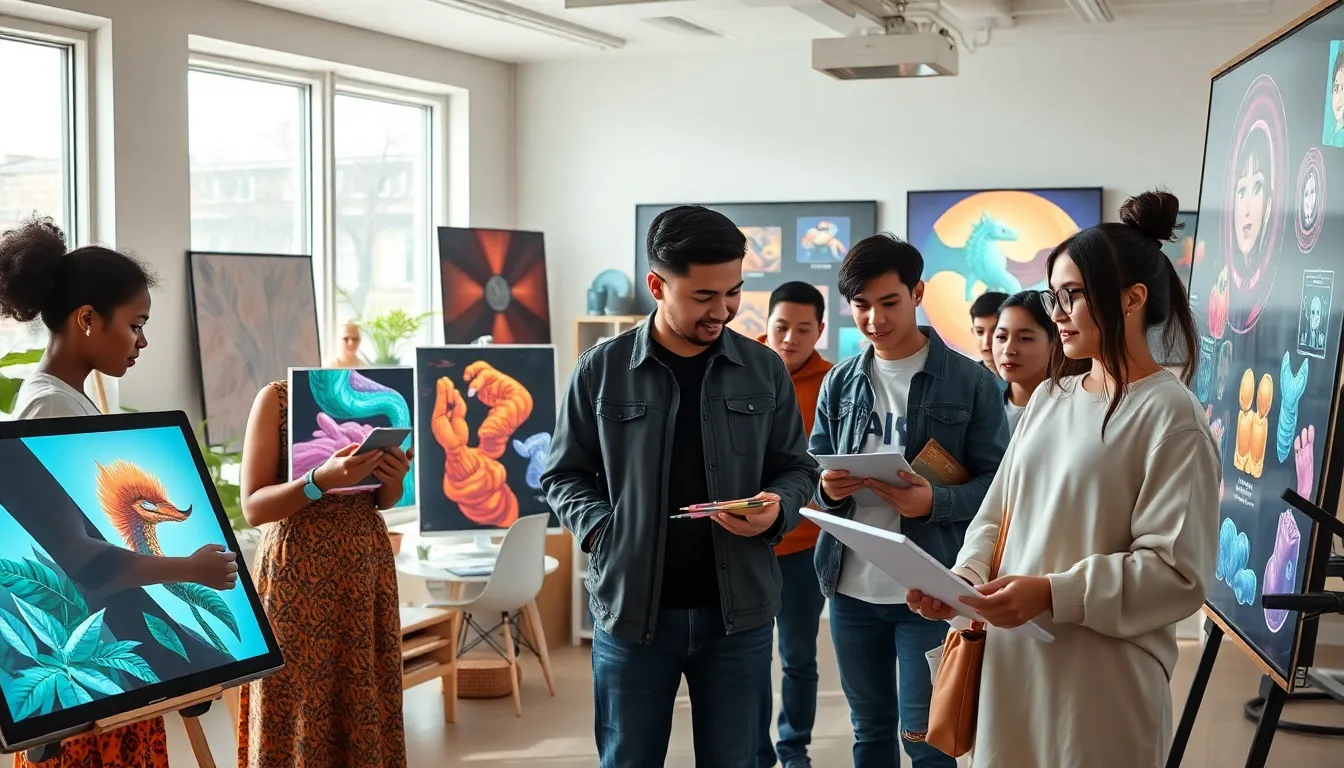 diverse artists showcasing NFTs in a modern digital art studio.