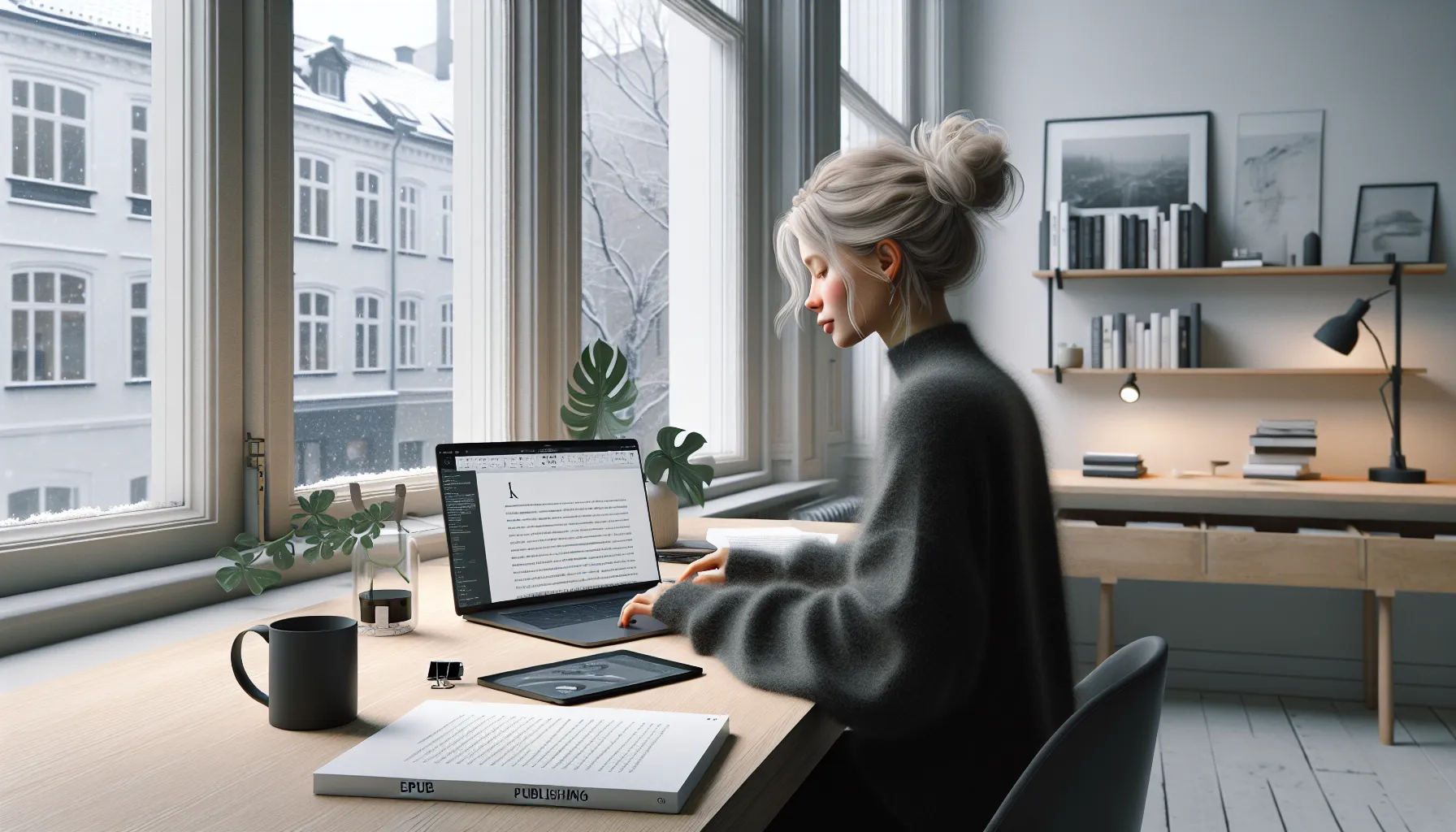 Norwegian author formats an e-book, epub export selected, cover mockup on monitor.