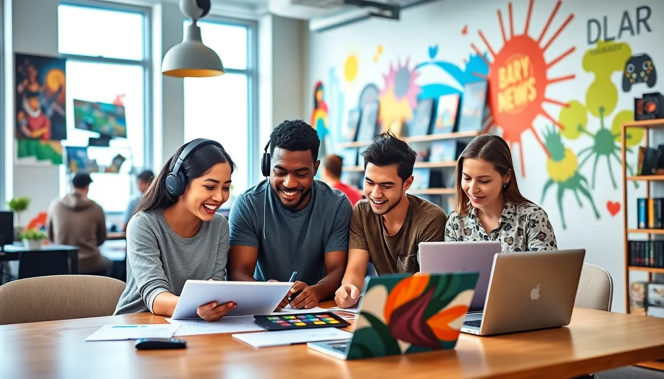 a diverse team collaborating in a vibrant game development office.