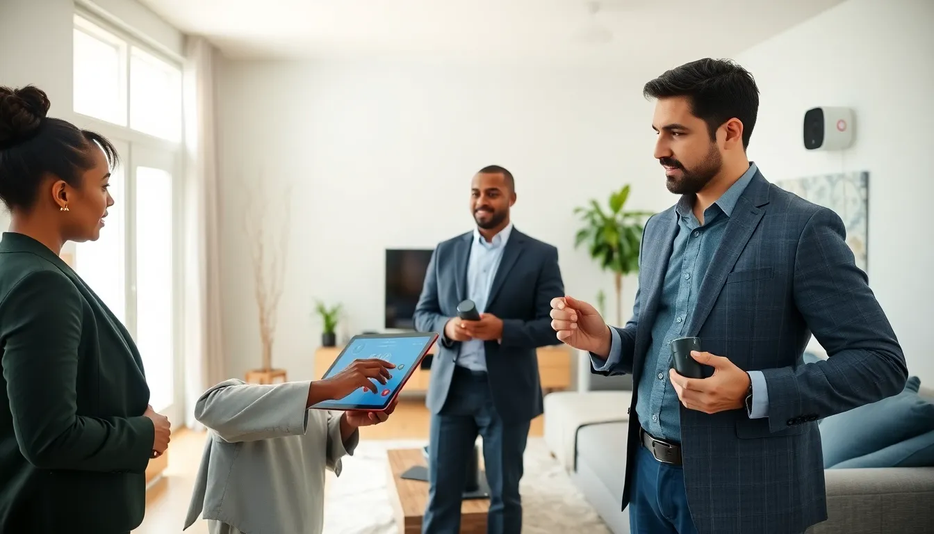 diverse professionals demonstrating home automation technology in a modern living room.