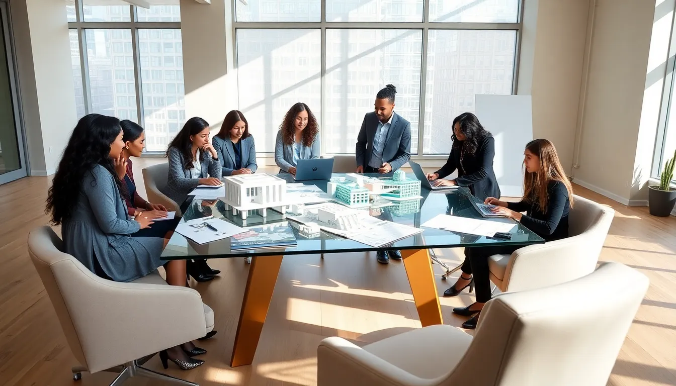 students collaborating in a modern architectural studio at NYU.