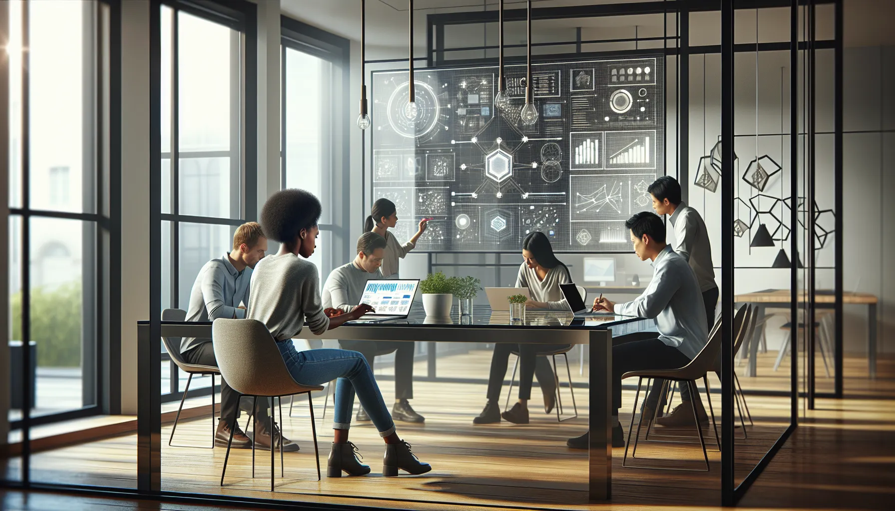 diverse team collaborating in a modern office on technology applications.