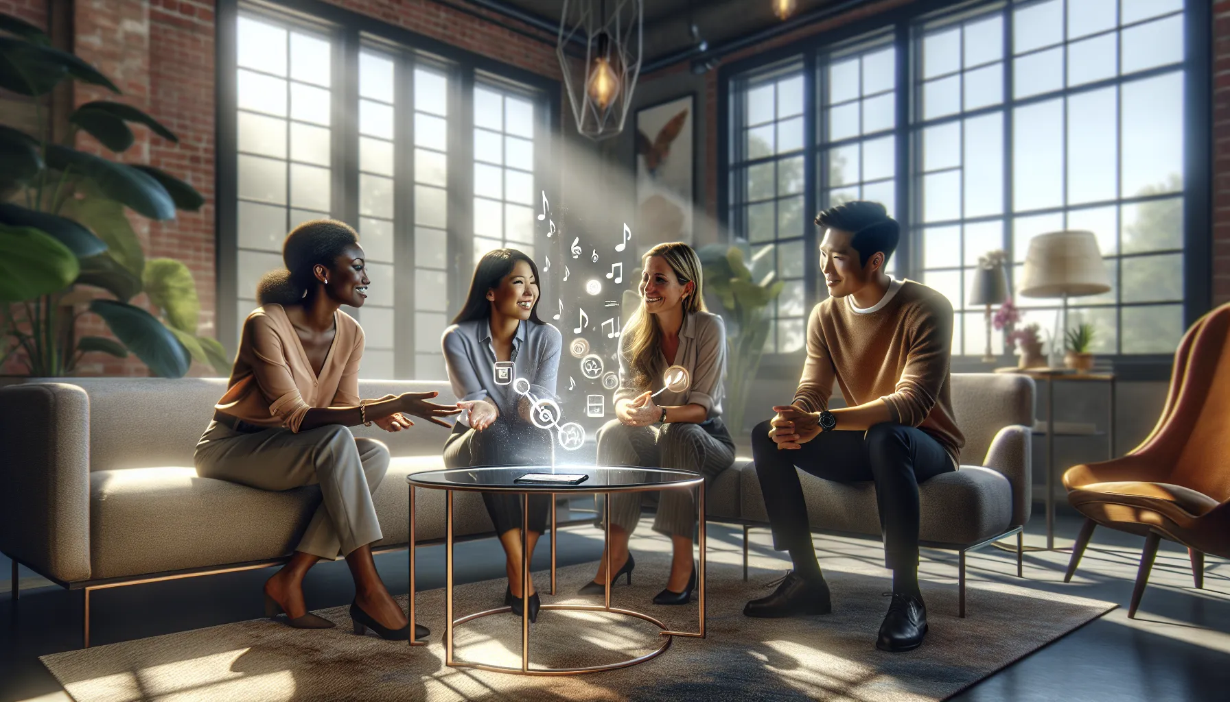 friends sharing memories over music in a modern living room.