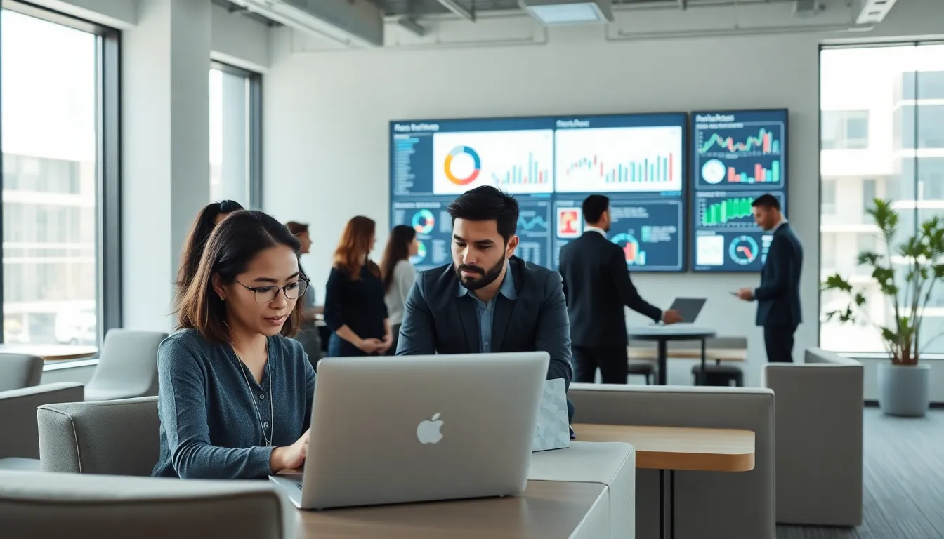 diverse team of professionals developing financial software in a modern office.