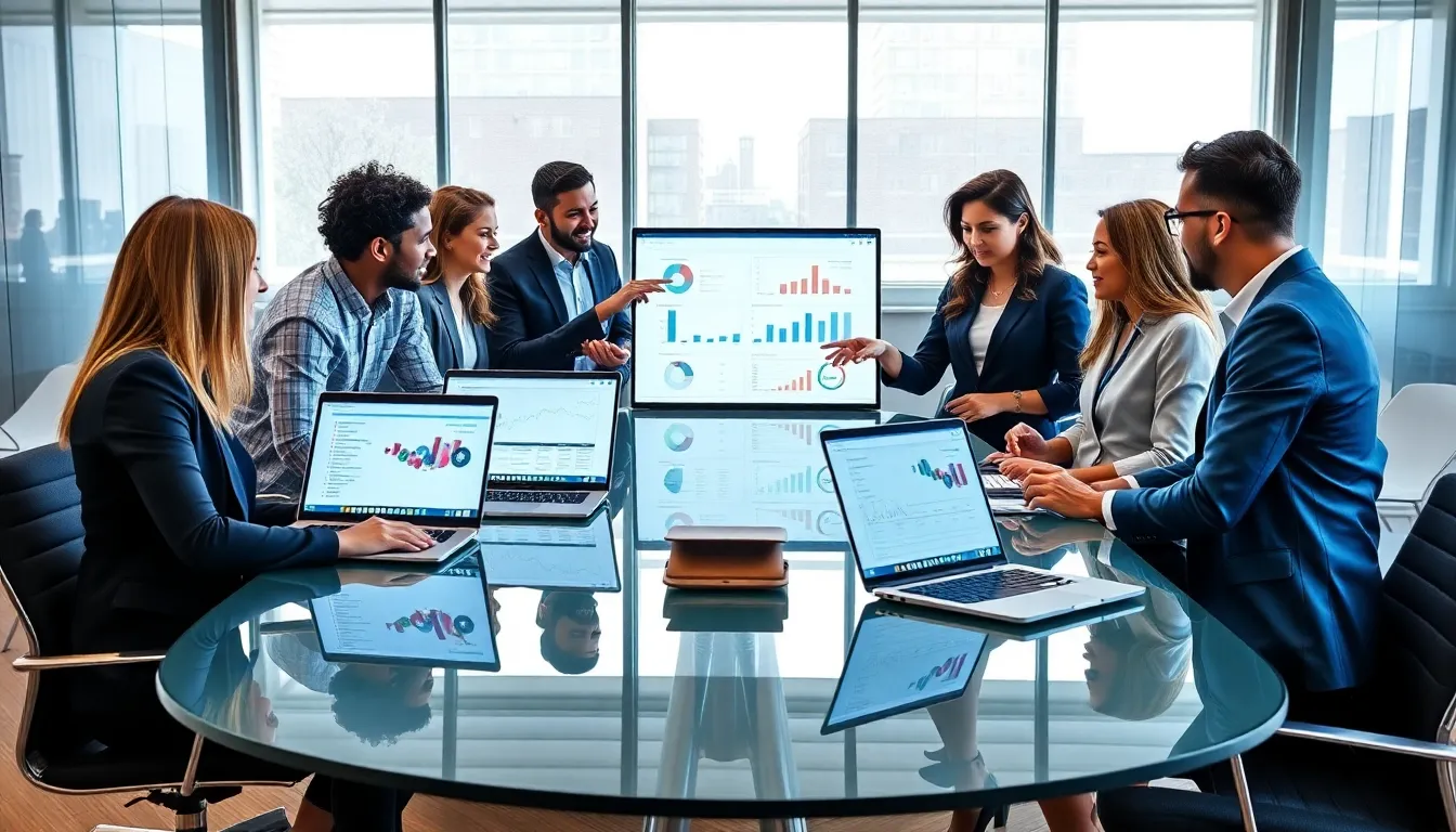 diverse team collaborating on data solutions in a modern office.