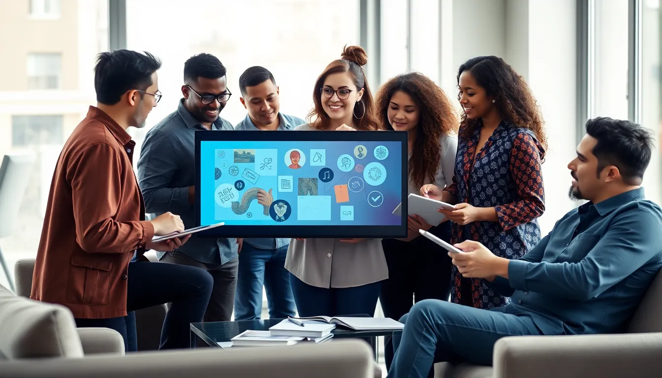 diverse team collaborating in a modern workspace.