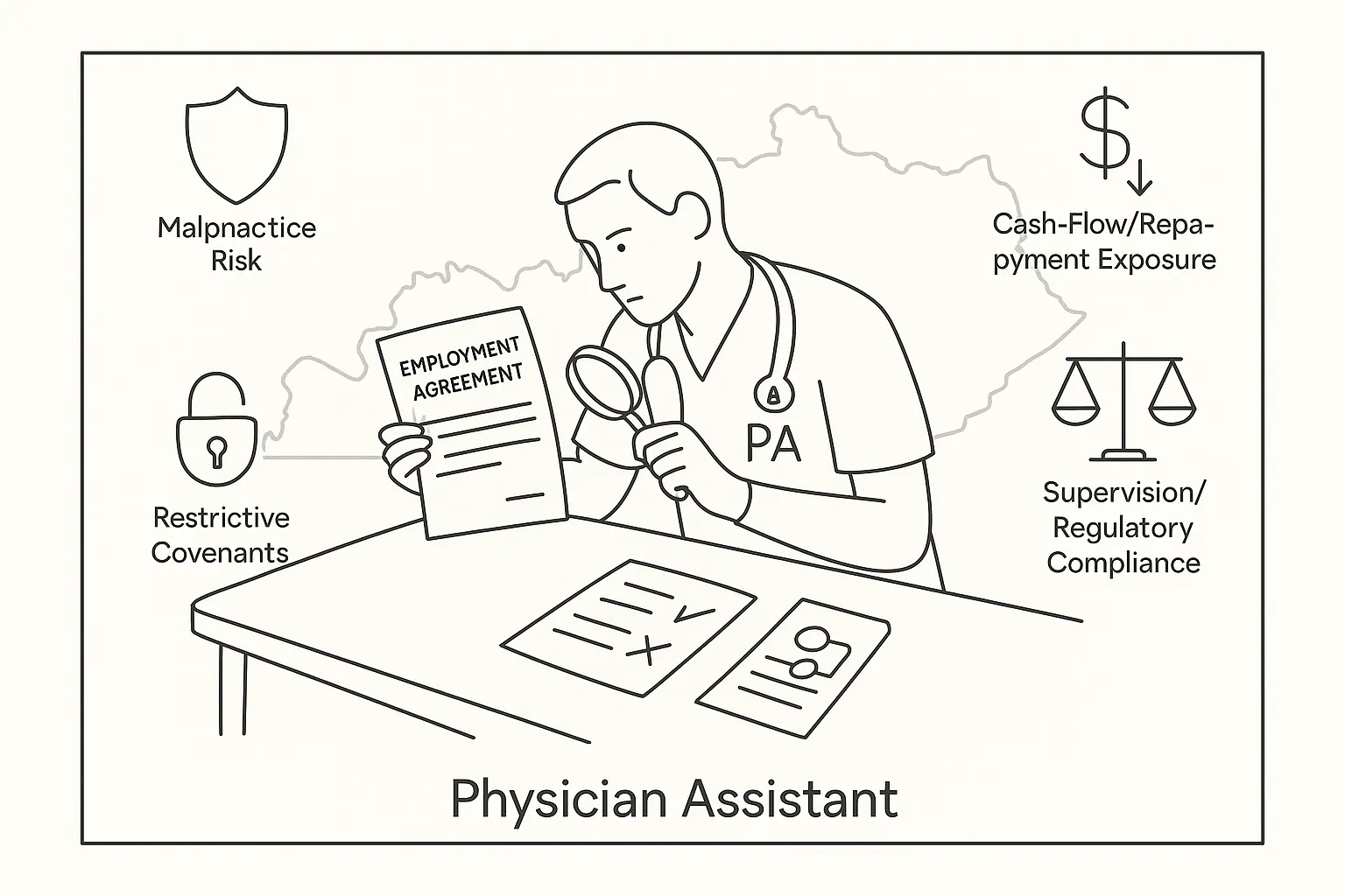 PA examining an employment contract with icons for risk and Kentucky outline of Kentucky Physician Assistant Contract Review.