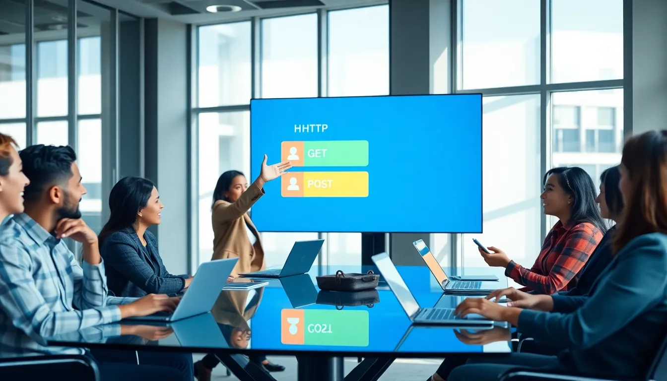 professionals discussing HTTP protocols in a modern office setting.