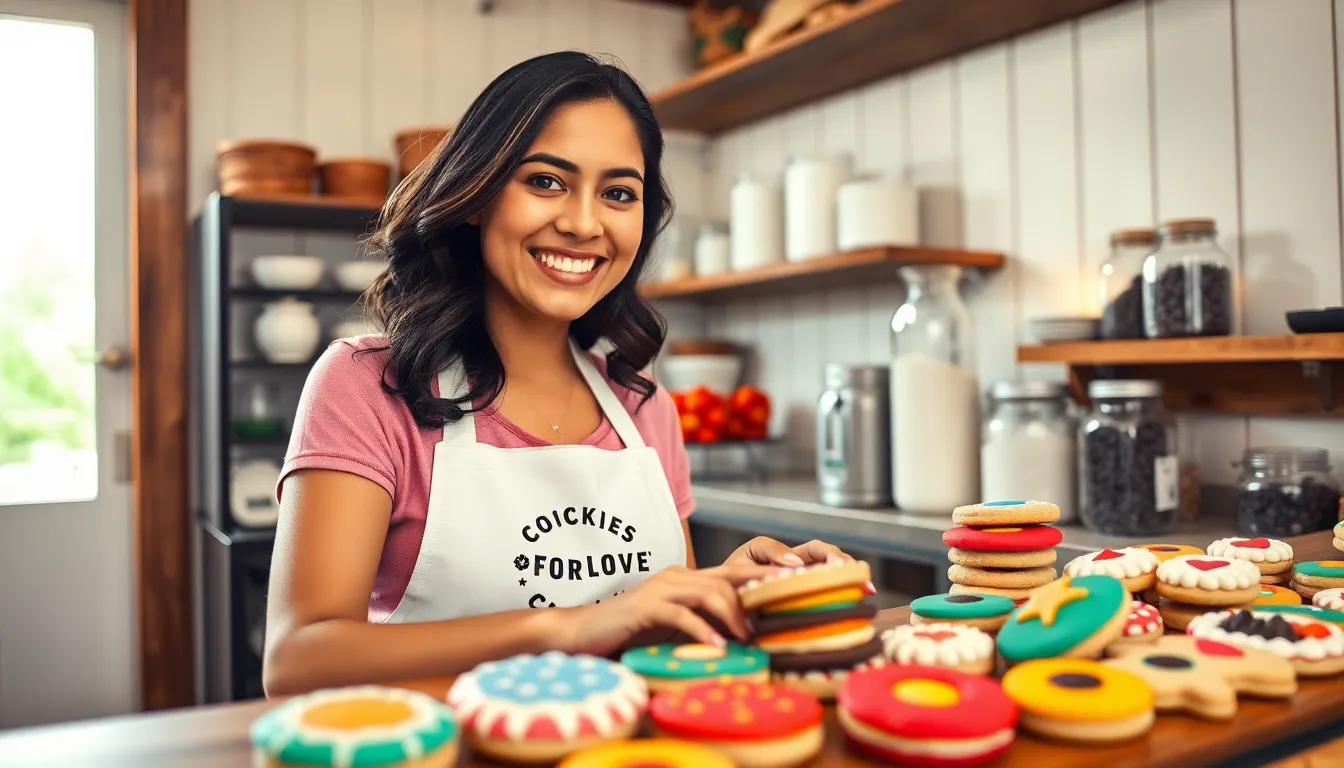 a cheerful baker arranging cookies in a cozy bakery.