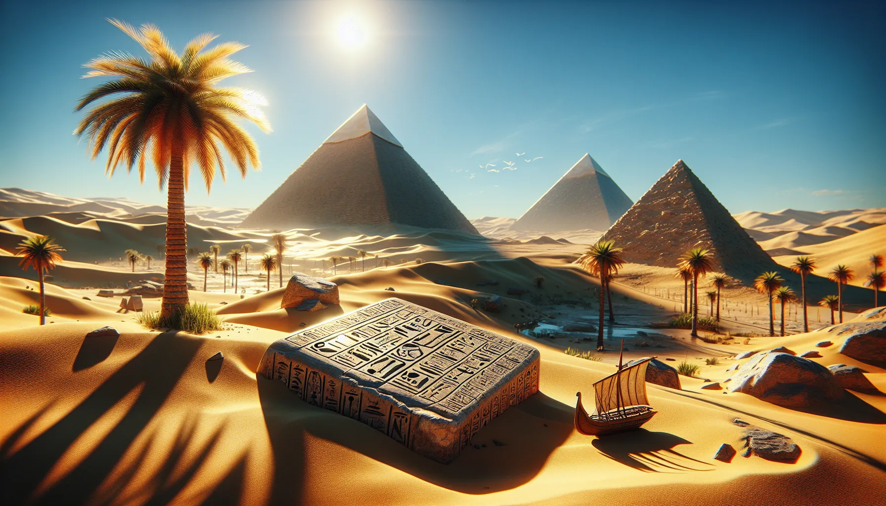 The Great Pyramid of Giza in a desert with engravings and artifacts.