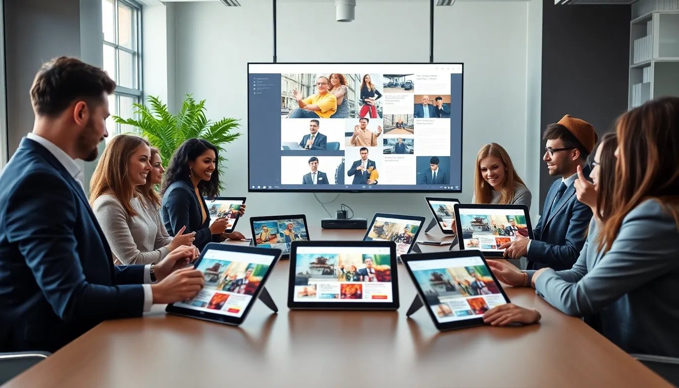 diverse professionals discussing digital magazines in a modern office.