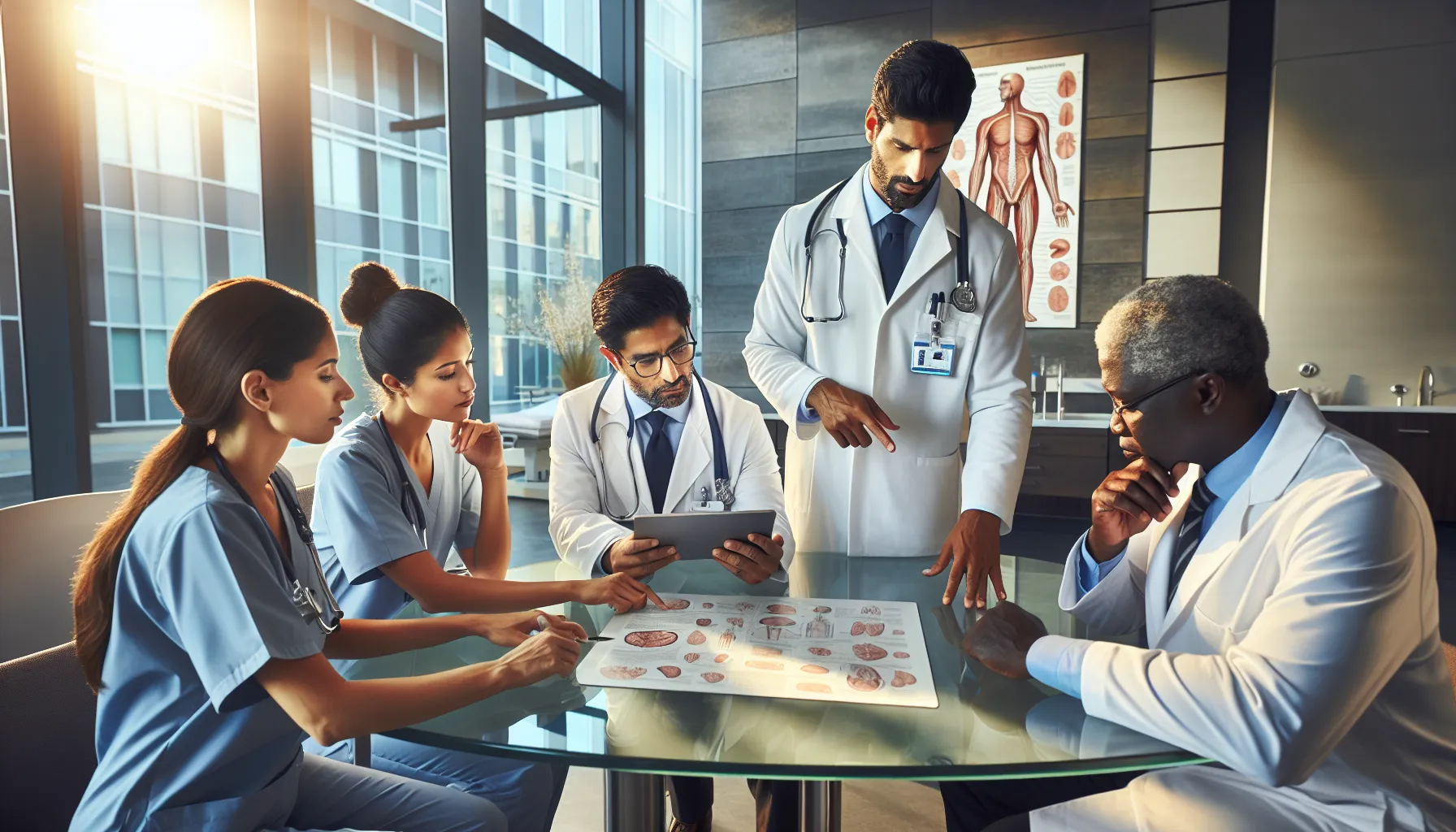 Healthcare team discussing kidney stone treatment in a modern office.