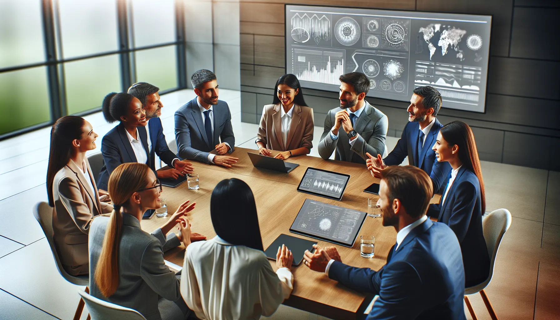diverse team analyzing data around a conference table in a modern office.