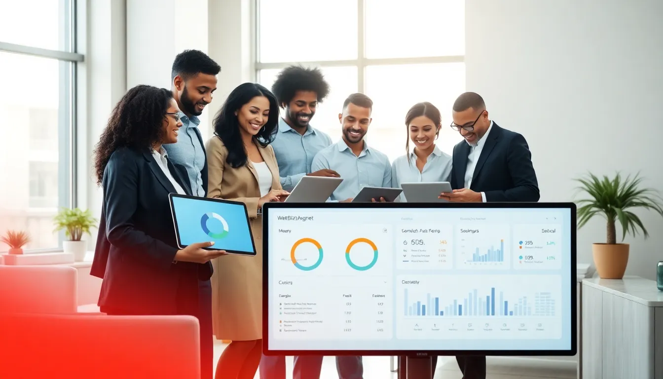 diverse team collaborating on WebBizMagnet software in a modern office.