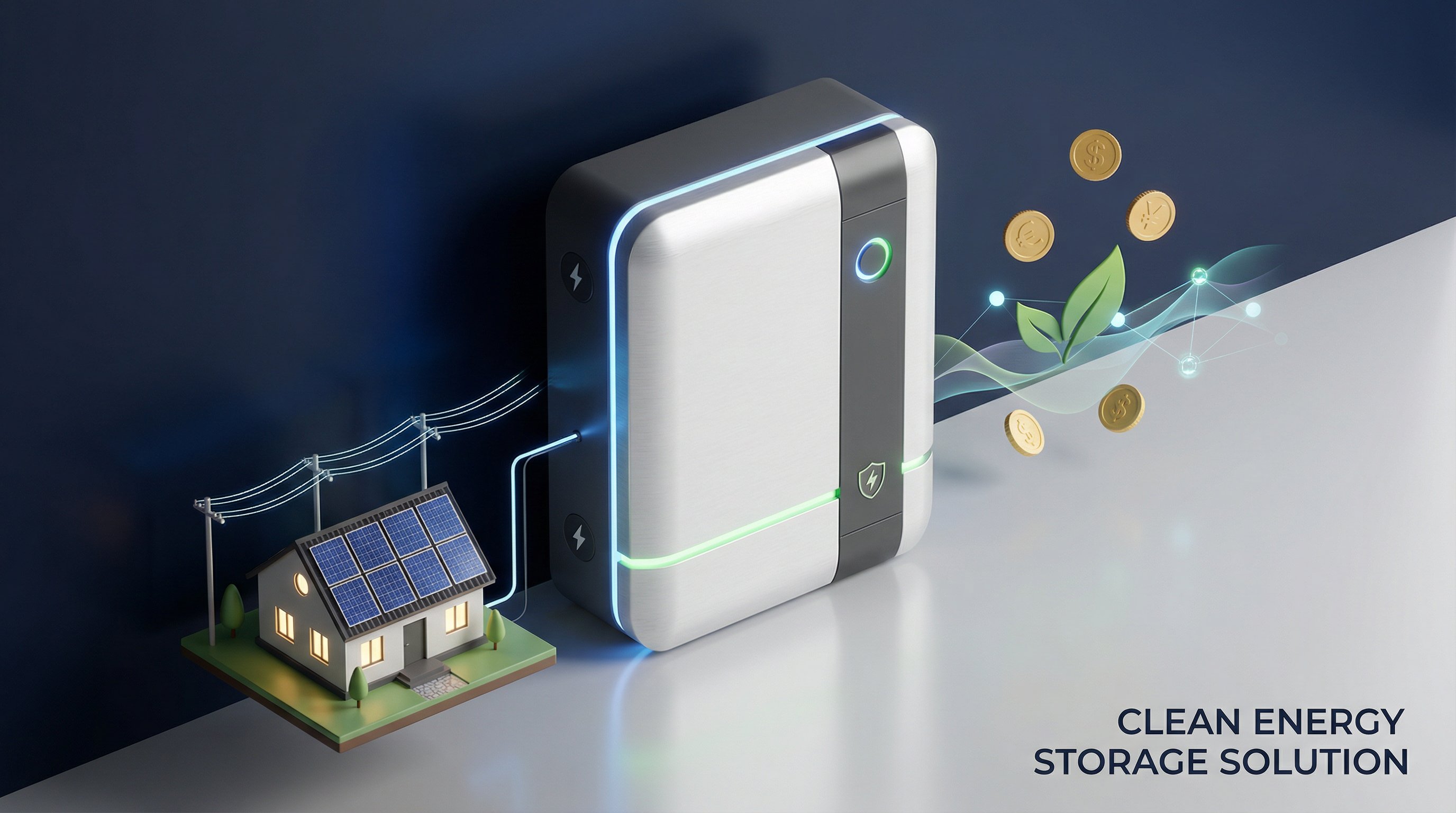 3D render of BESS battery storage unit with solar panels and energy benefit symbols