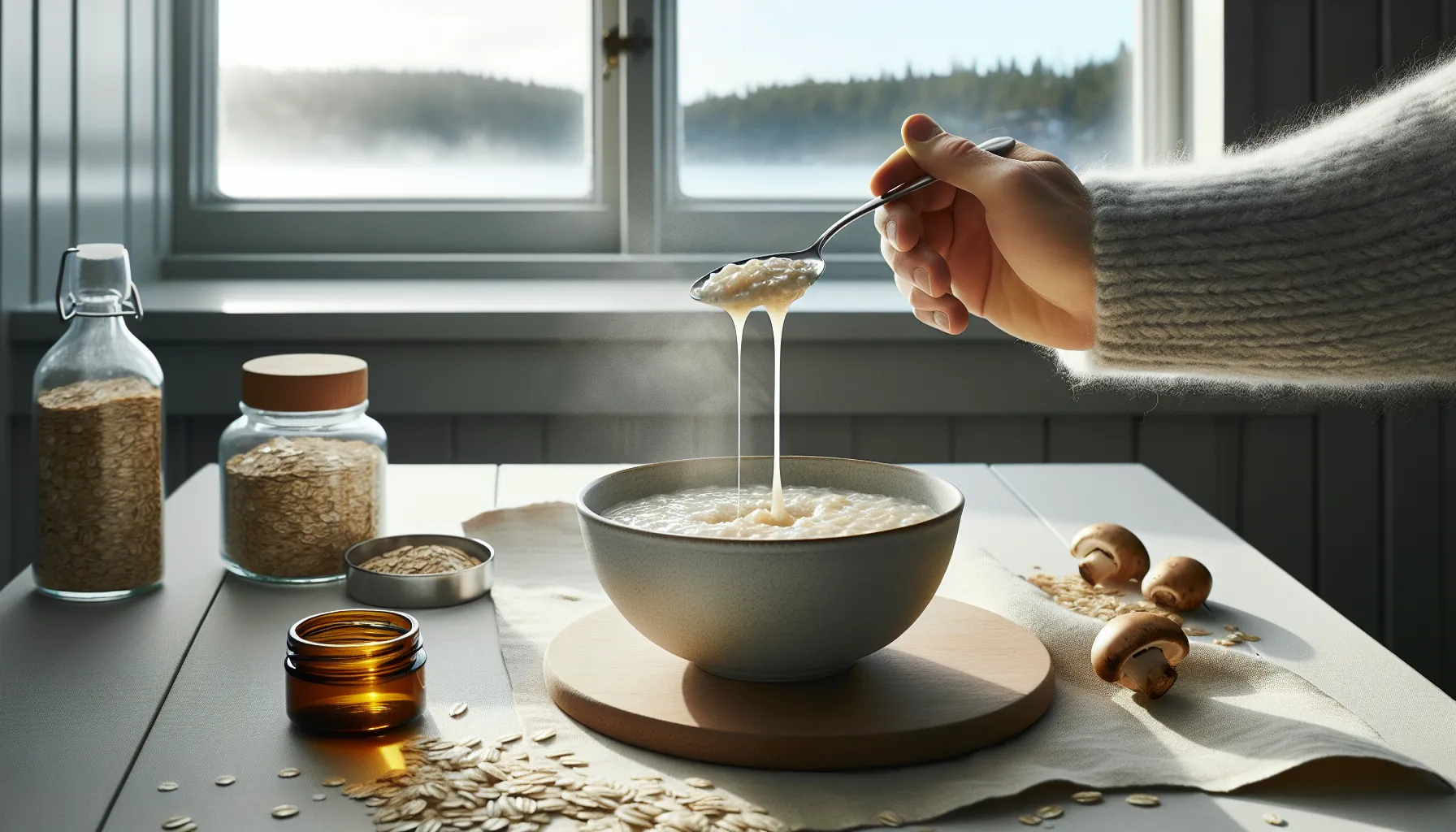 Spoon lifts viscous oat-barley porridge gel in a bright norwegian kitchen.