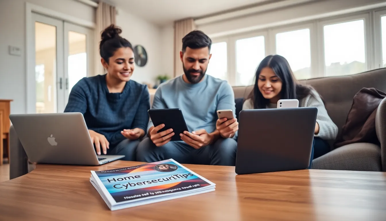 diverse family discussing cybersecurity in a modern living room.