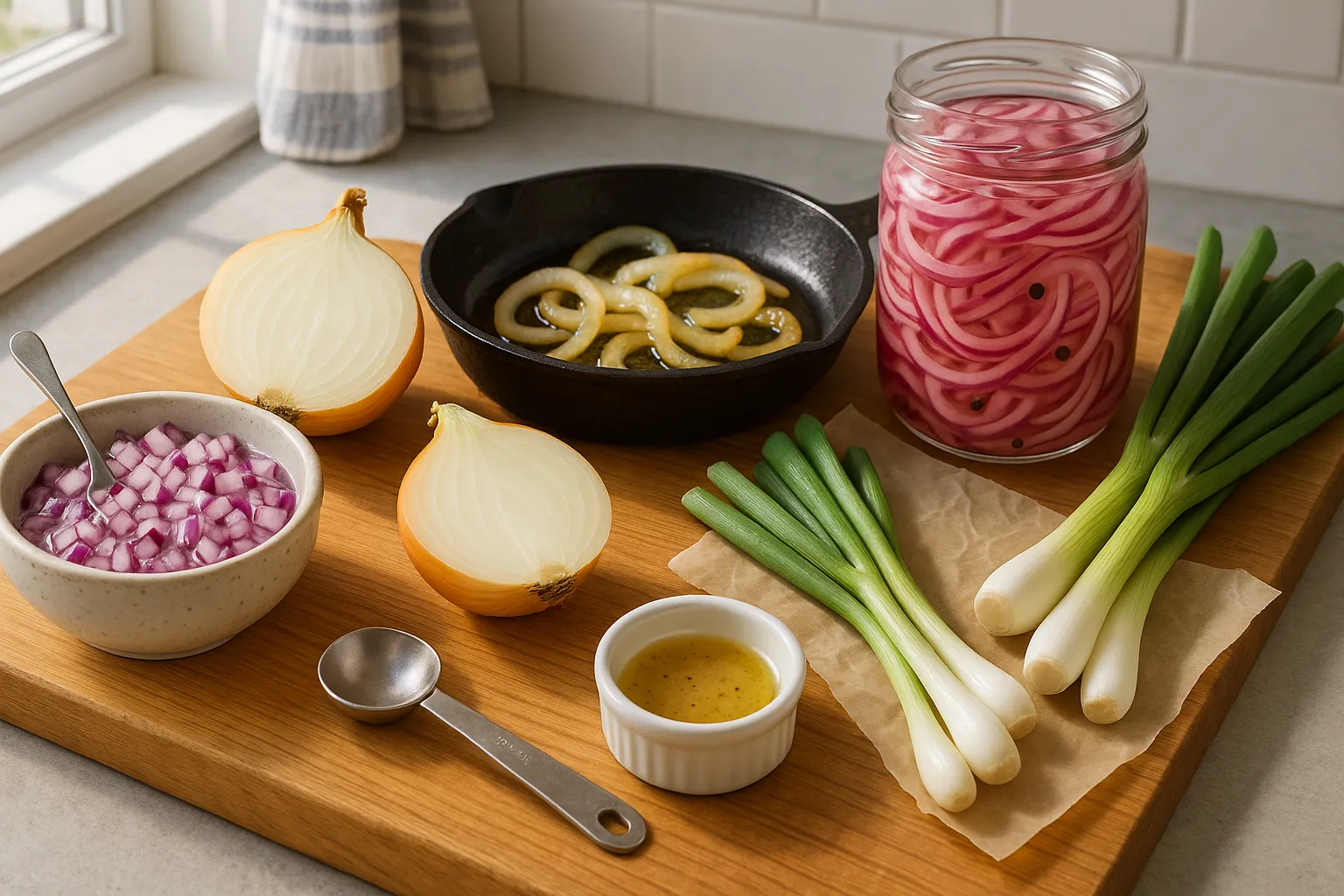 various onions arranged on a kitchen board showing shallot substitutes