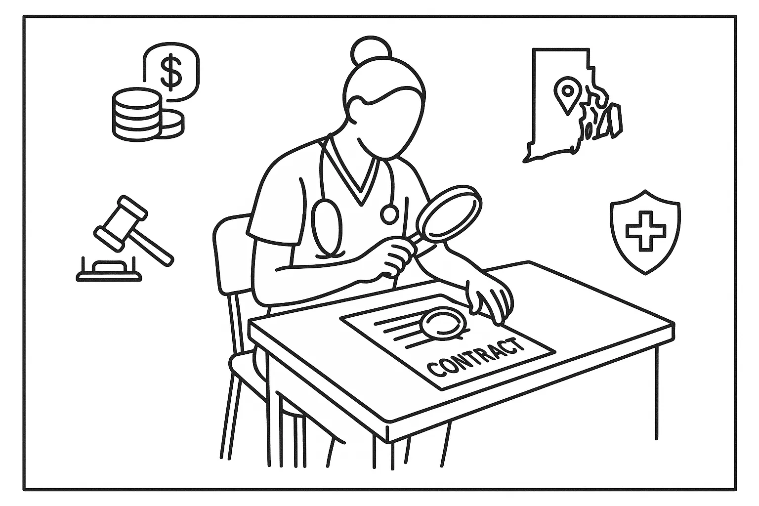 Nurse practitioner examining a contract with Rhode Island and legal/compensation icons.