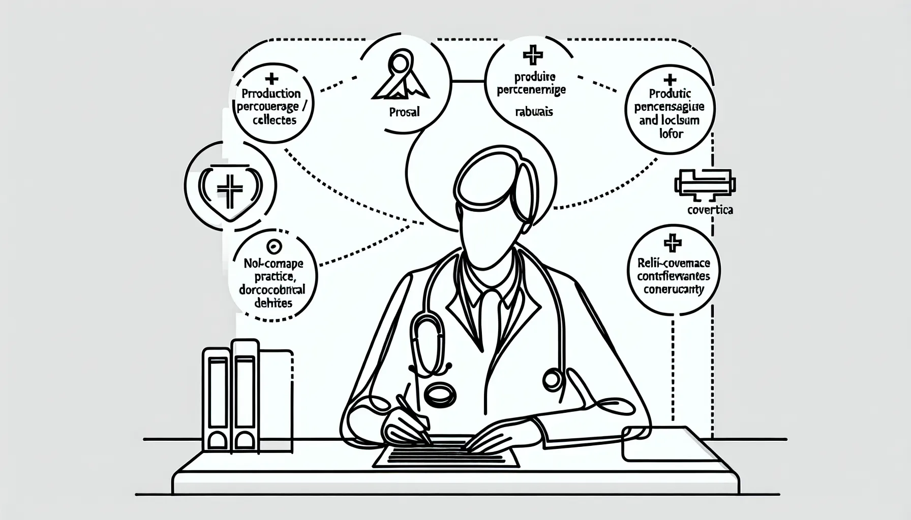 A veterinarian examining a contract with labeled icons for key contract terms.