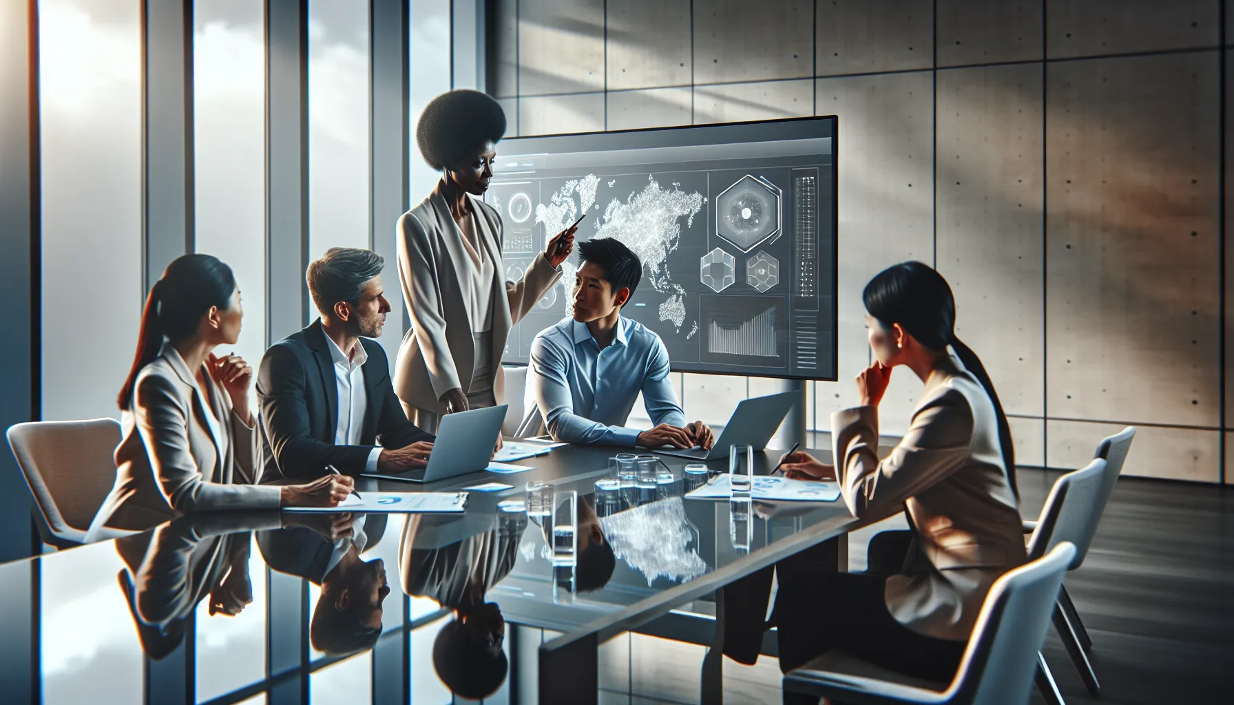 professionals collaborating in a modern office using SBPLReport.