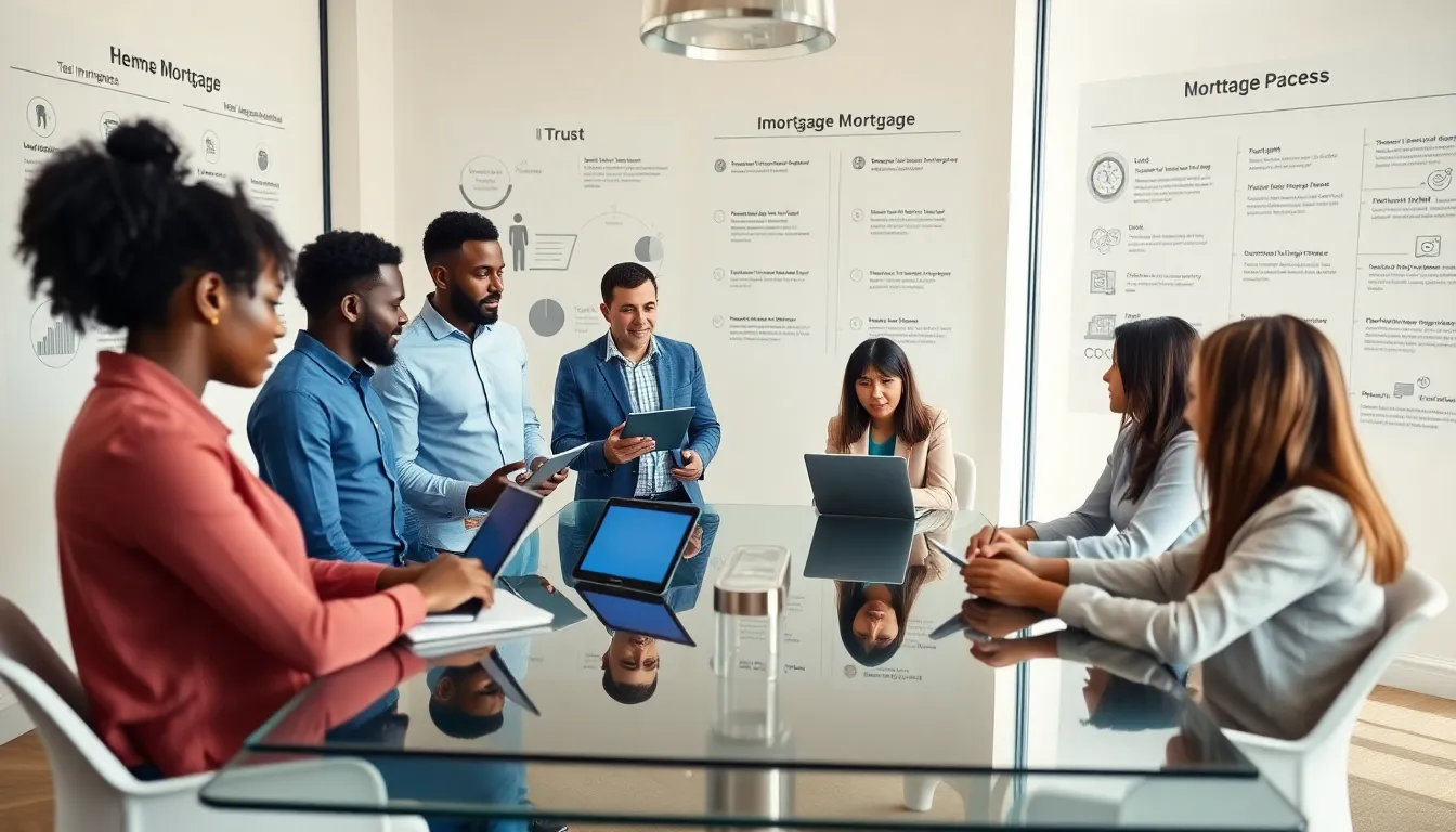 diverse mortgage professionals advising clients in a modern office.
