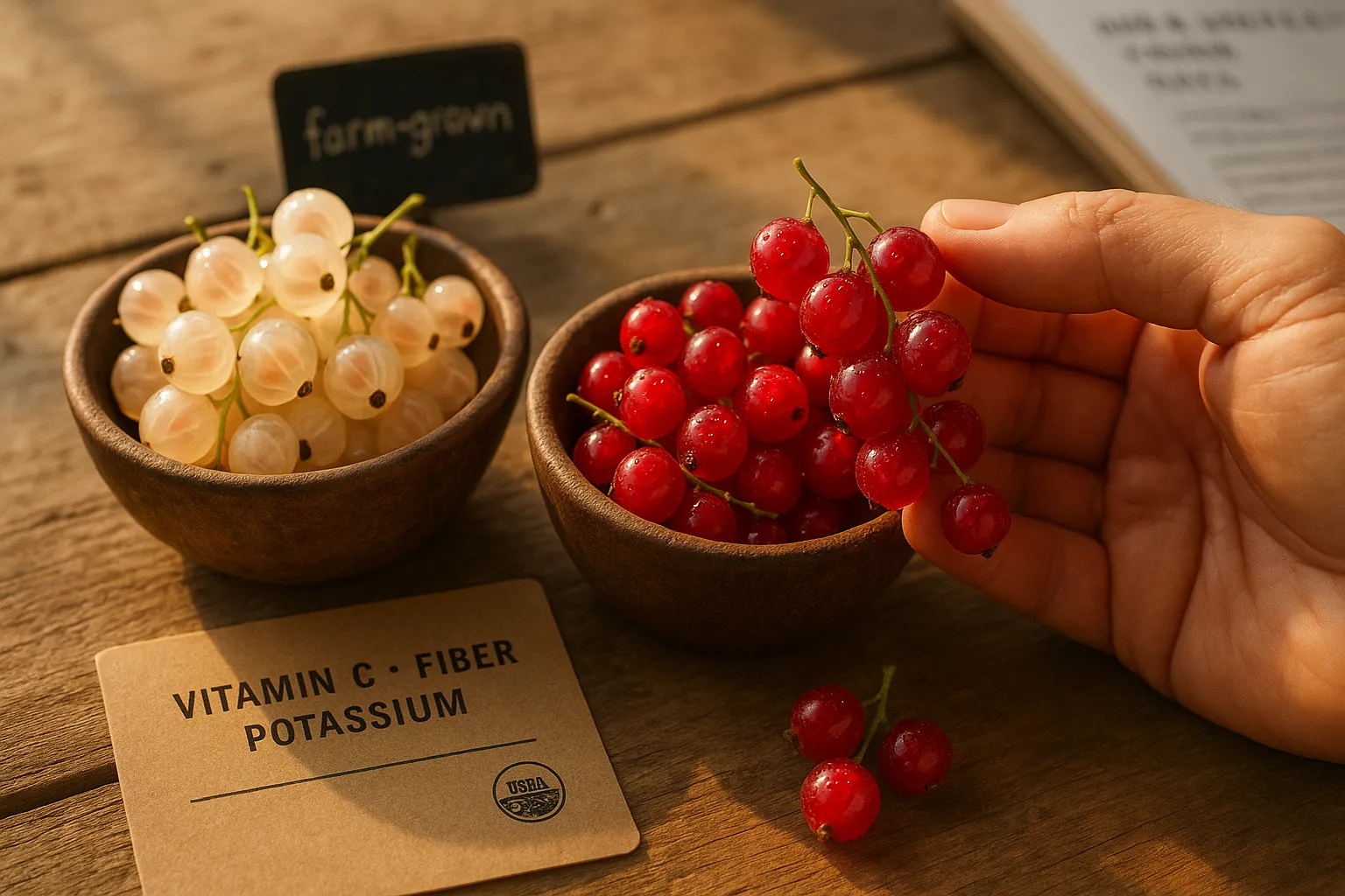 Close-up bowls of redcurrants and whitecurrants on a farmhouse table.