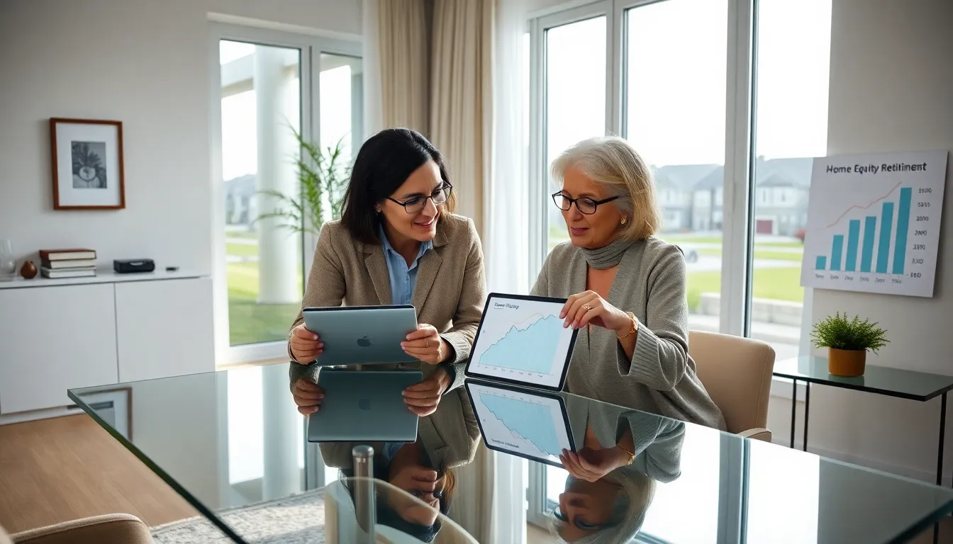 couple discussing home equity calculations in a modern office.