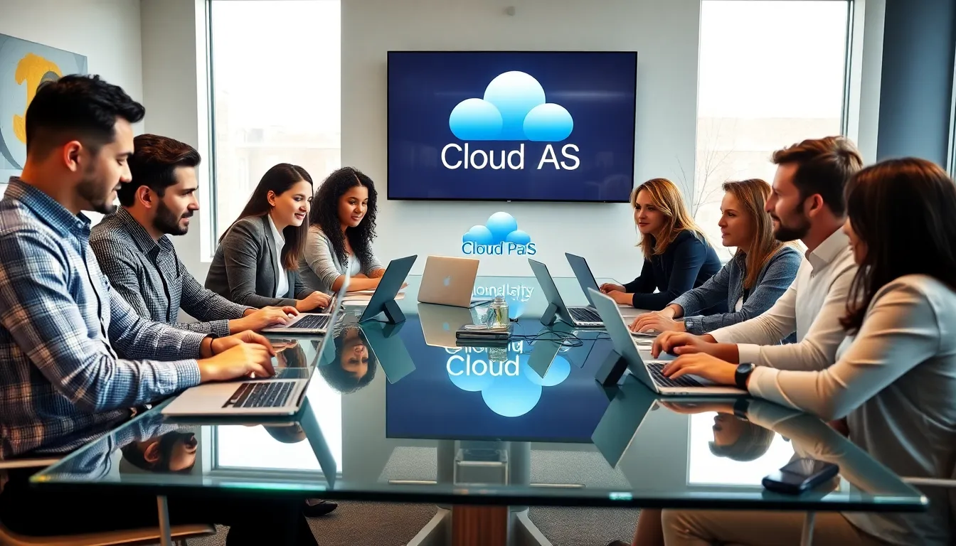 diverse team discussing Oracle Cloud PaaS in a modern office.