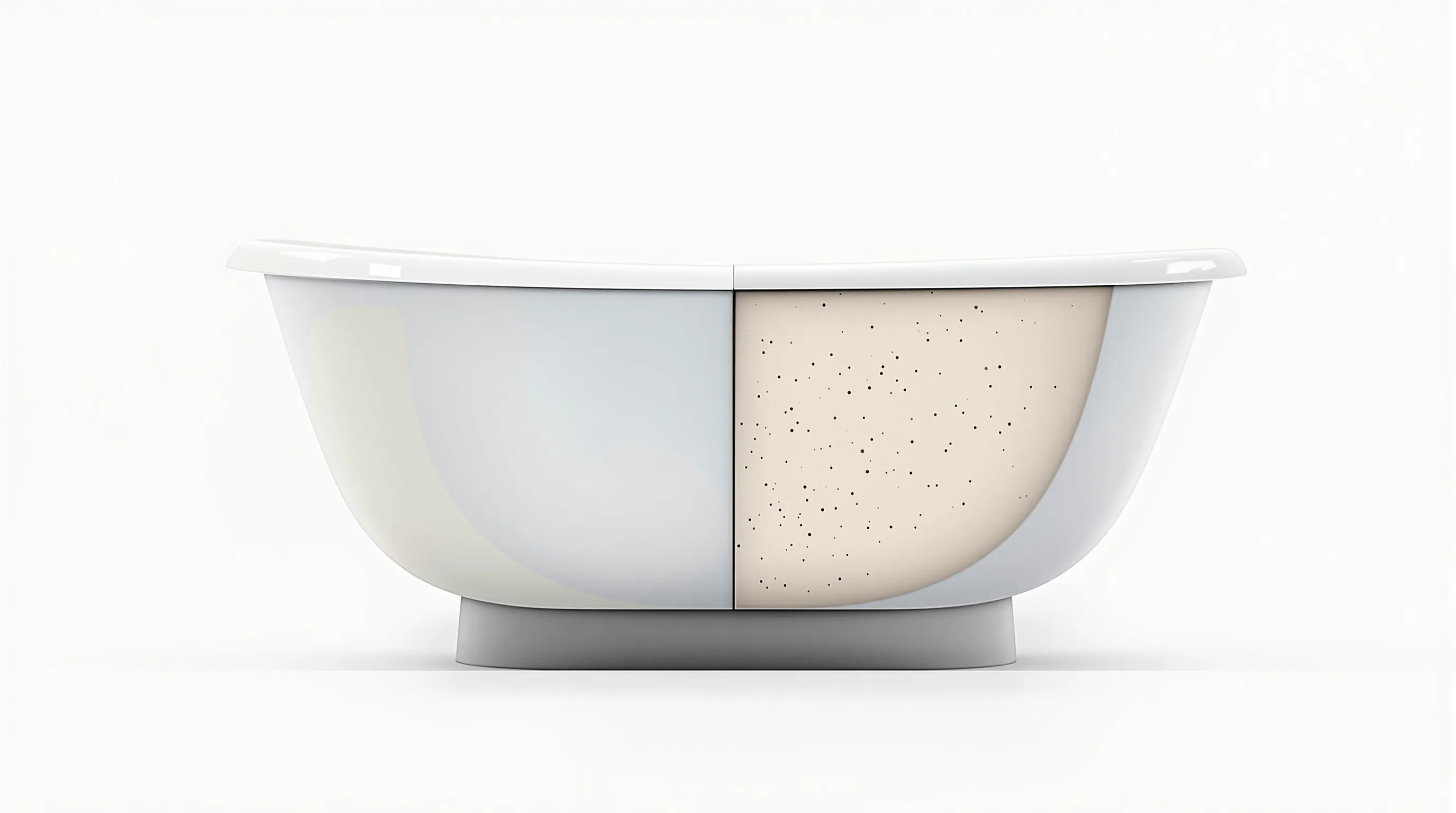 Minimalist bathtub cross-section showing smooth enamel layer versus worn surface contrast.
