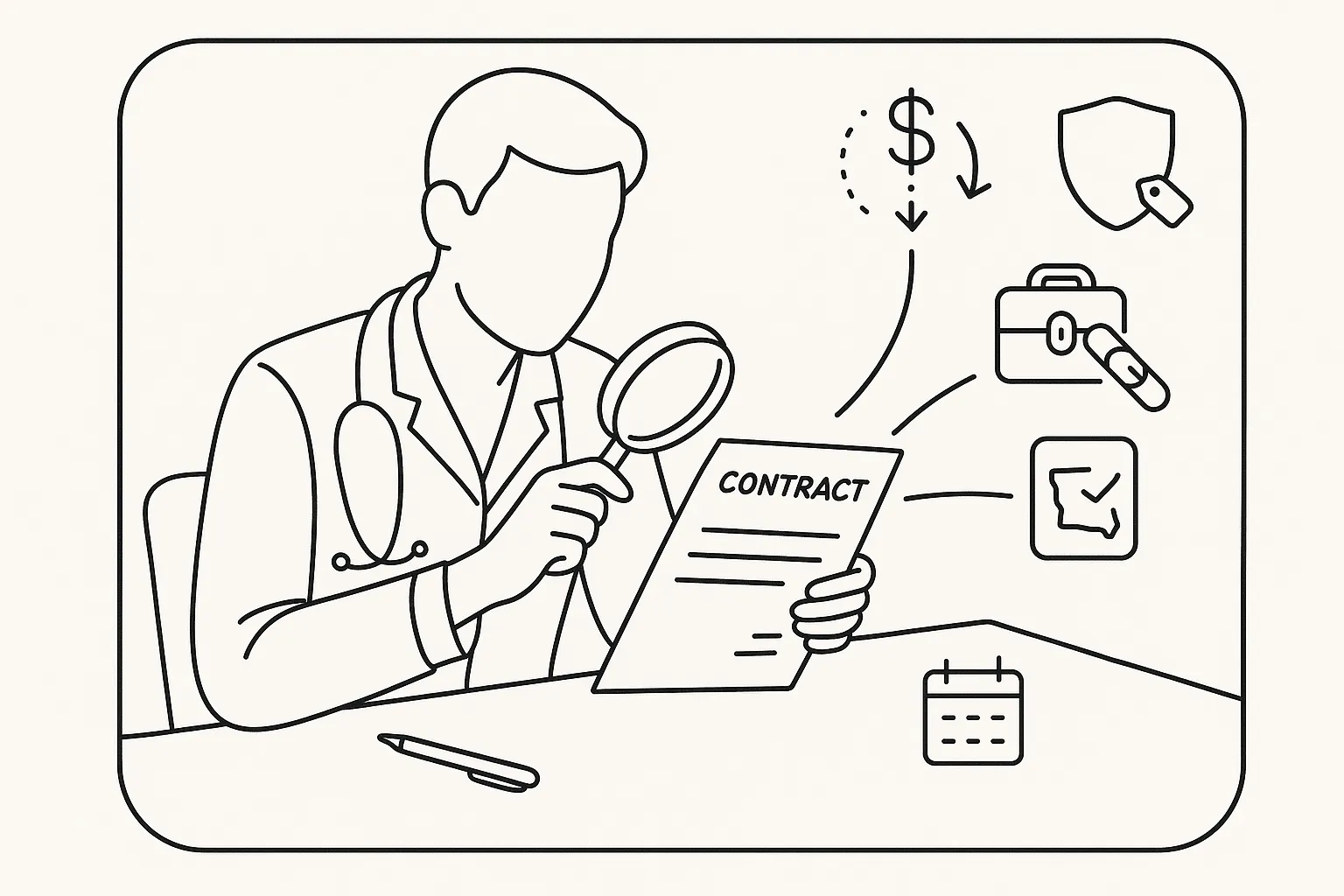 Physician assistant examining a contract with icons for income, liability, and mobility risks of Physician Assistant Contract Review.